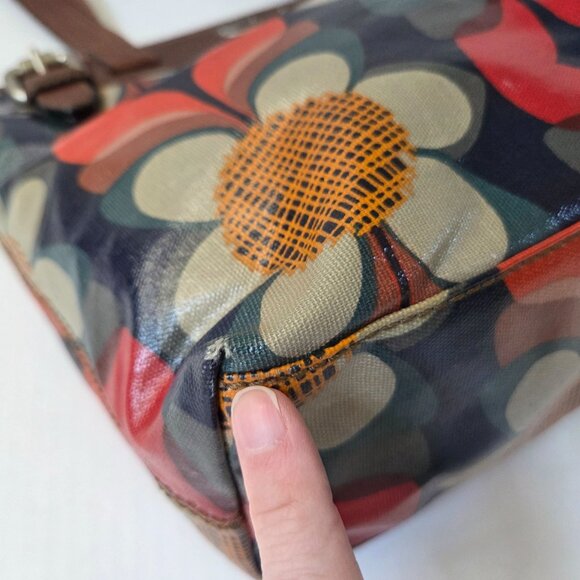 Fossil Tote Red Mod Floral Coated Canvas Keyper Bag Retro Boho Brown Leather - Picture 9 of 16